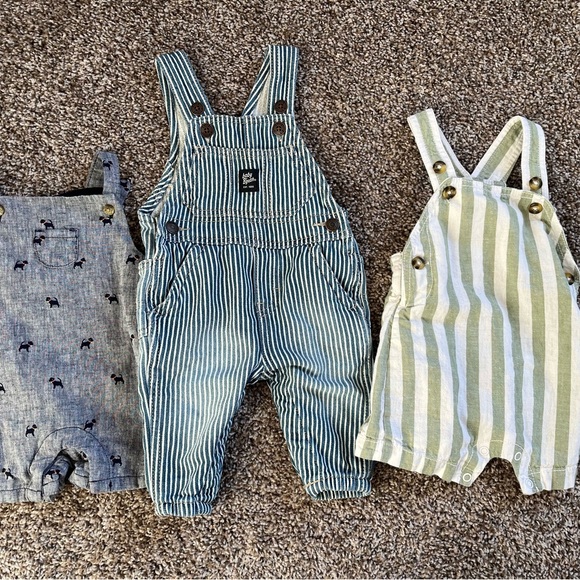 Lightly Worn 1 x overalls, blue striped, green striped and dogs. 0-3 months. - Picture 4 of 10